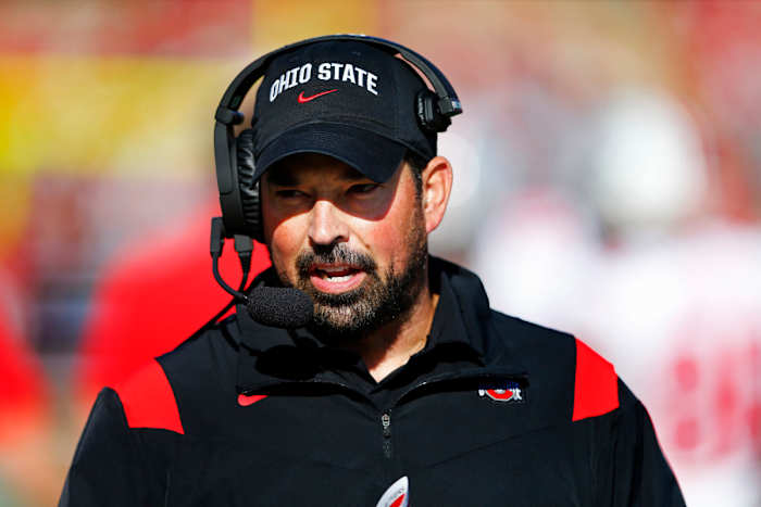 Ohio State head coach Ryan Day against Rutgers during an NCAA football game, Saturday, Oct. 2, 2021, in Piscataway, N.J. (AP Photo/Noah K. Murray)